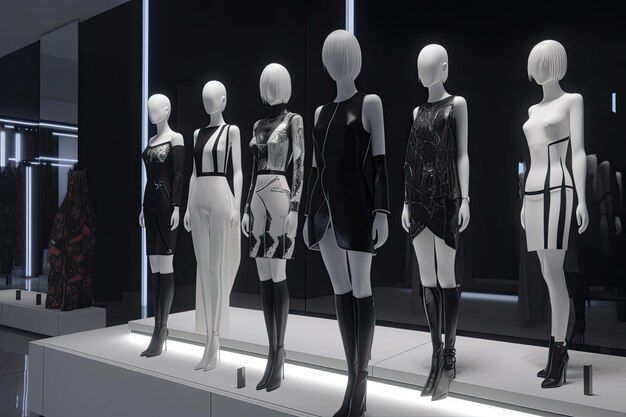 Female mannequins standing in store window display of women casual