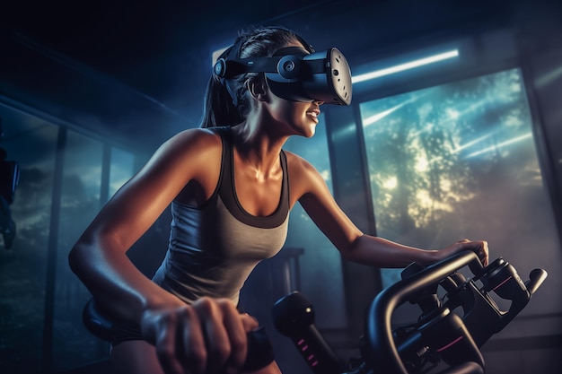 Virtual Fitness person wearing a VR quest 3 without logo headset while exercising on a stationary