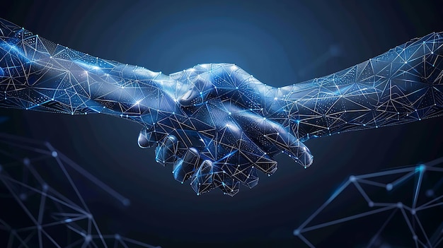 virtual handshake blue neon polygonal mesh hands technology network dark background