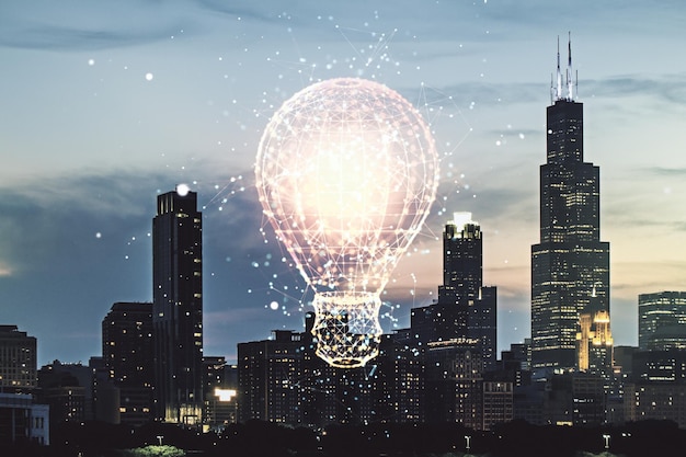 写真 シカゴのスカイラインの背景に電球のイラストを使用した仮想アイデアのコンセプト
