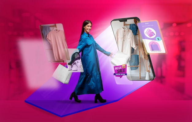 Photo virtual immersive experience of digital shopping collage