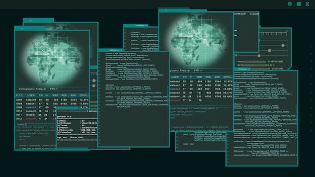 緑の背景にハッカーコードが実行されている複数のウィンドウを表示する仮想インターフェイスまたはHUD。保安上の問題