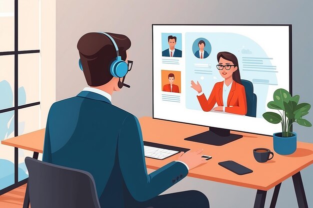 Photo virtual job interview from home vector flat style illustration