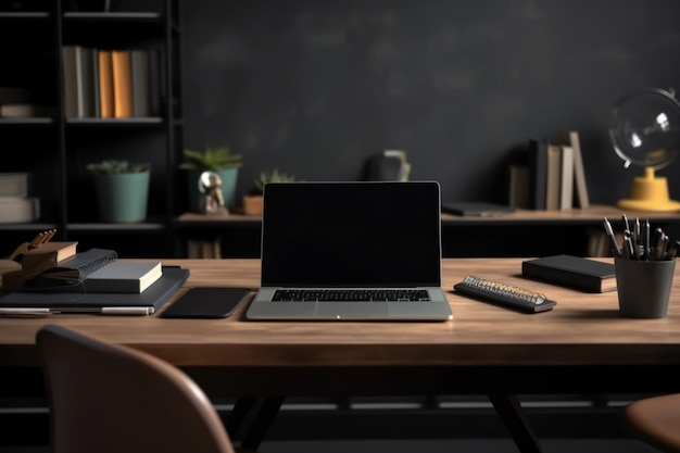 仮想学習セットアップ黒い机の教室の背景にラップトップの学校の机