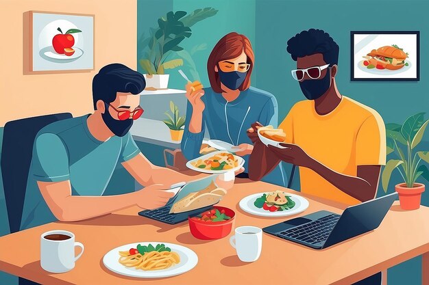 Photo virtual lunch gathering flatstyle vector illustration