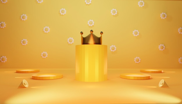 Виртуальный роскошный летний фон, украшенный короной и цветами Минимальные прожекторы пустое пространство дисплей продукта солнцезащитный крем продвижение продажа баннер презентация косметика 3D рендеринг