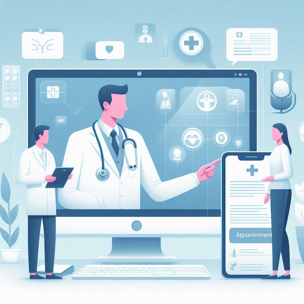 Виртуальная медицинская консультация Иллюстрация взаимодействия врача и пациента онлайн