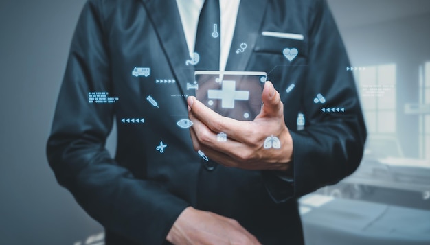 Virtual medical network connection icons awareness and spread\
attention on their healthcare in hospital and health insurance\
business medical business health technology for health services\
with more