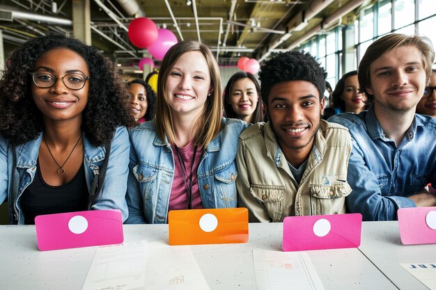 Photo virtual meeting with participants using name tags