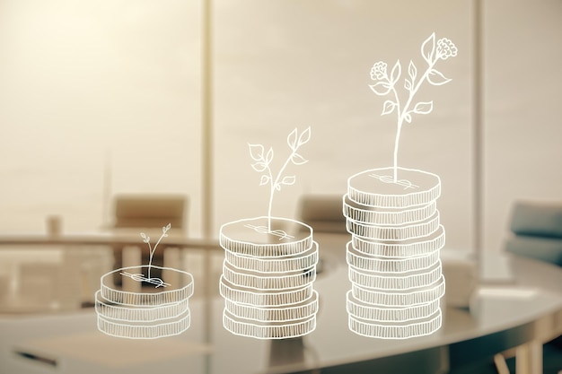 仮想お金の節約は、現代の会議室の背景の蓄積とお金の概念の成長に関するスケッチ二重露光