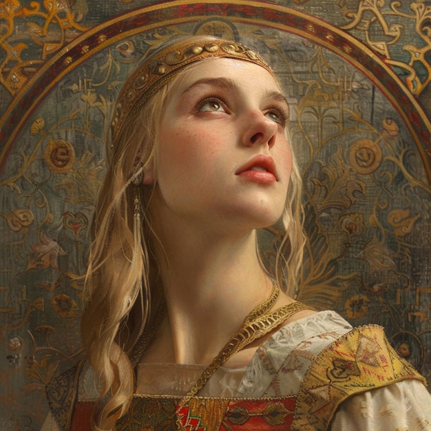 髪に幻想的な雲を持つ女性の肖像画を描いたルネサンス写実主義の