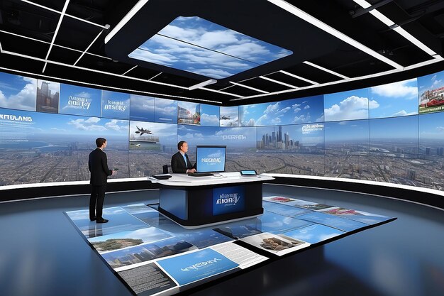 Photo virtual newsroom with a 3d sky filled with floating news headlines and images