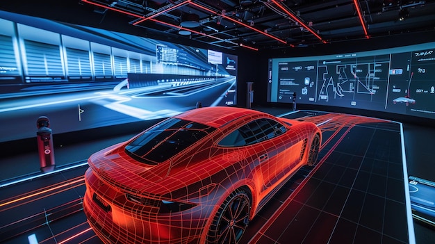 Photo a virtual prototype of a car being tested in a simulation environment