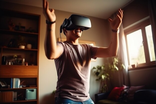 Приключение в виртуальной реальности дома Человек в действии с наушниками VR