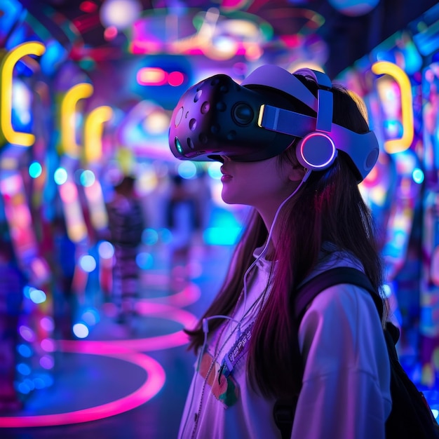 Virtual reality arcade with players immersed in different worlds AI Generative