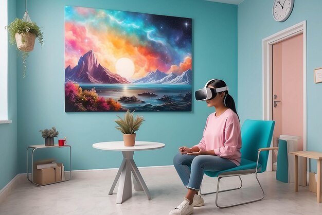 Virtual reality art therapy session in a mental health clinic mockup