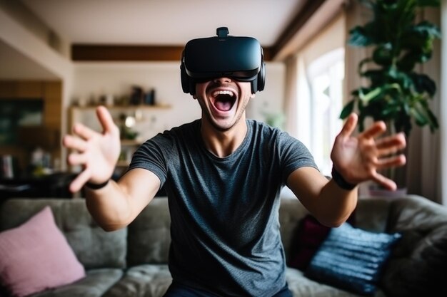 Virtual Reality-avontuur thuis Man in actie met VR-headset