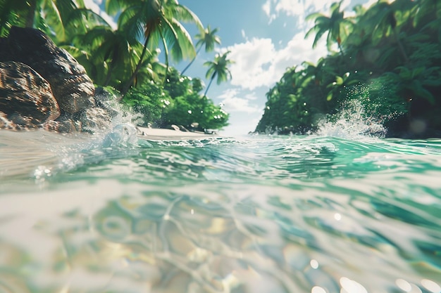 Virtual reality beach merging with a real tropical