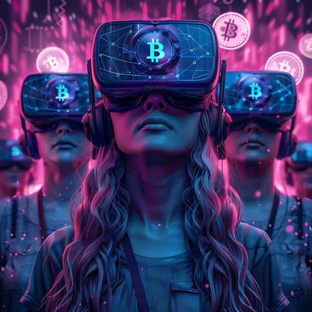 Virtual Reality Bitcoin Conference With Participants Wearing Photo of Trending Poster Background