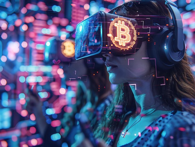 ビットコインの仮想現実体験 - ユーザーがディーフォトに浸かるトレンドポスターの背景