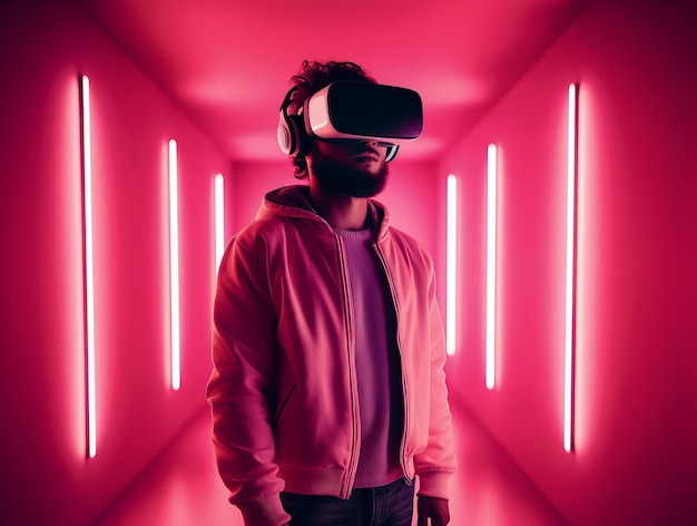 仮想現実の明るいネオンのコンセプト VR ヘルメットをかぶった男性