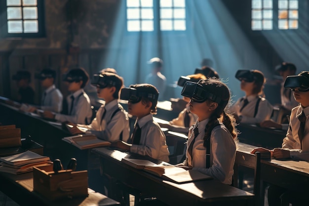 A virtual reality classroom full of students learning AI generated