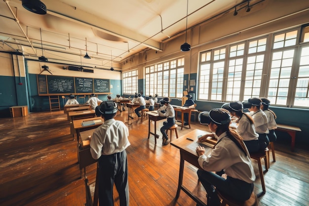 A virtual reality classroom full of students learning AI generated