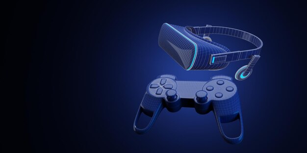 Virtual reality concept VR headset and joystick wireframexA3d rendering illustration