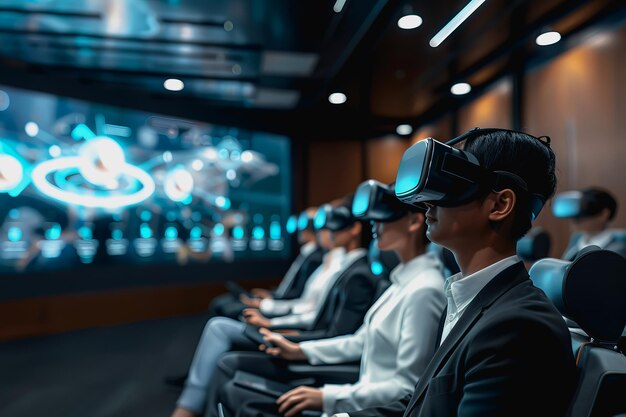 virtual reality conference room participants wearing VR headsets to conferences