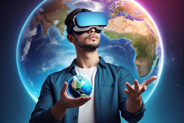 Foto concept di tecnologia digitale di realtà virtuale uomo che indossa occhiali vr 3d alza lo sguardo