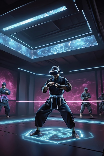 A virtual reality dojo where martial artists train with holographic opponents