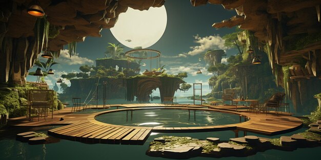 Photo a virtual reality environment with floating islands interactive elements and immersive interfaces