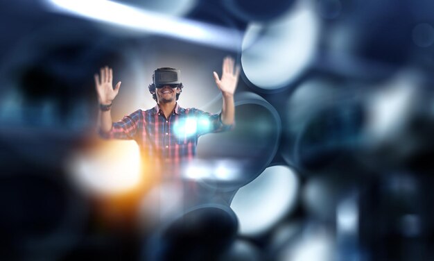 Foto virtual reality-ervaring. technologieën van de toekomst. gemengde media