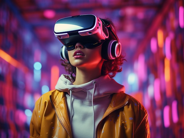 Virtual Reality Experience man Ondergedompeld in Neon Orange VR-omgeving