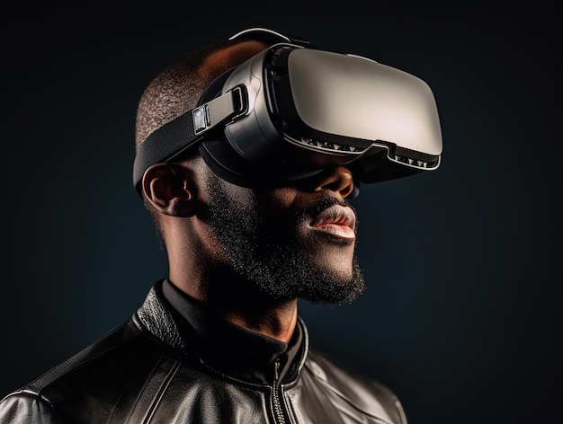 Virtual Reality Experience Woman Immersed in Neon Orange VR Environment Generated by AI Technology