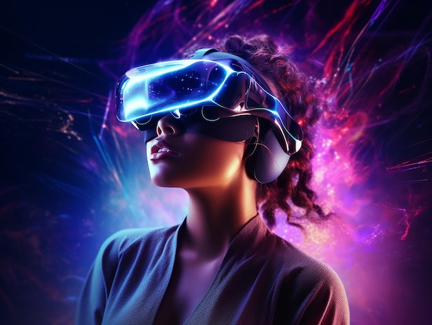 Virtual Reality Experience Woman Immersed in Neon Orange VR Environment Generated by AI Technology