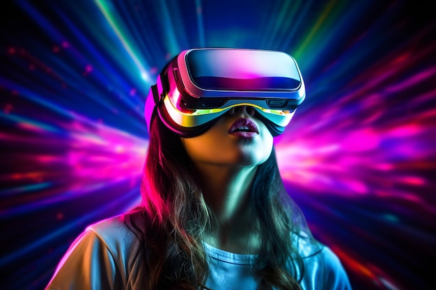 Photo virtual reality experience young woman immersed in futuristic vr world