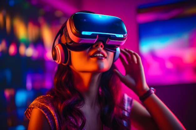 Photo virtual reality experience young woman immersed in futuristic vr world