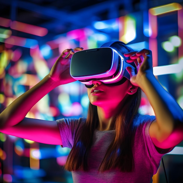 Photo virtual reality experience young woman immersed in futuristic vr world