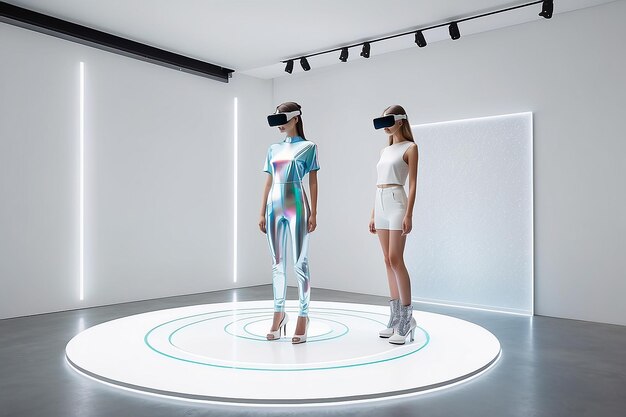 Virtual Reality Fashion Showcase Holografische modellen Aanpasbare outfits Realtime interactie Mockup met lege ruimte