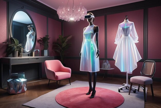 Virtual reality fashion showcase with holographic models in a design studio with customizable outfits mockup