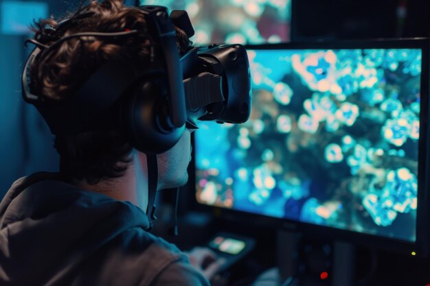 Photo a virtual reality game developer inside their own game world creating