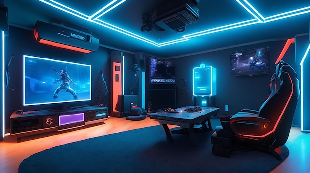 virtual reality gaming room with dynamic lighting and immersive elements