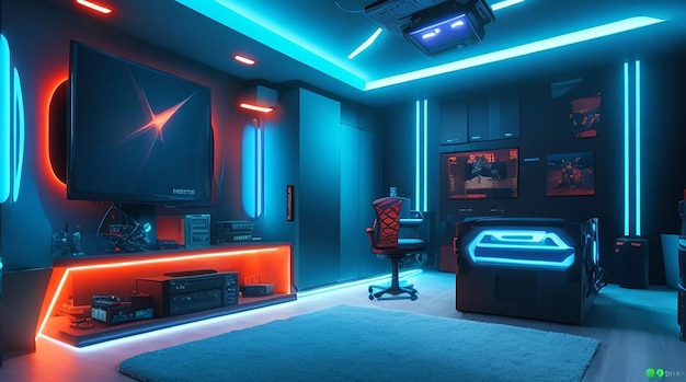 virtual reality gaming room with dynamic lighting and immersive elements