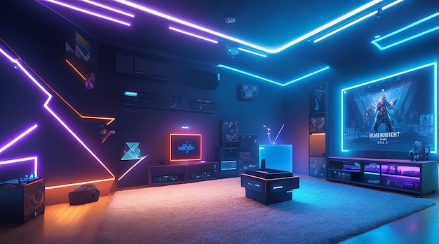 virtual reality gaming room with dynamic lighting and immersive elements