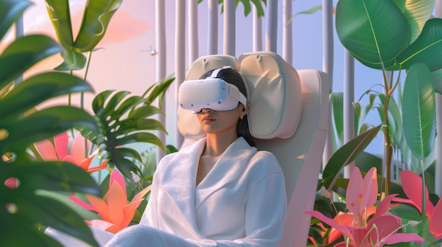 Foto virtual reality gezichtsbehandeling ervaring omringd door kalmerende natuurscènes voor ontspanning en wellness