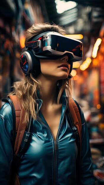 Photo virtual reality glasses transport her to the cusp of time a frontier yet undefined she becomes an icon of futuristic possibility clad in the fabric of cyber dreams