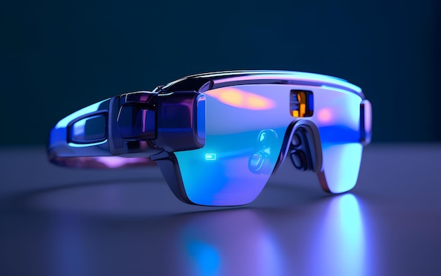 Virtual reality glasses with cityscape on the background 3d rendering