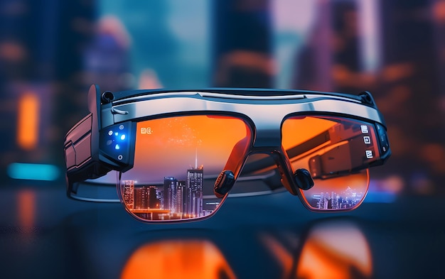 Virtual reality glasses with cityscape on the background 3d rendering