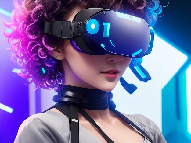 仮想現実メガネの女性とゲーム e スポーツ用のホログラム